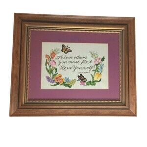 VTG Embroidered Quote Matted Wood  Framed By Leo Buscaglia Flowers Butterflies